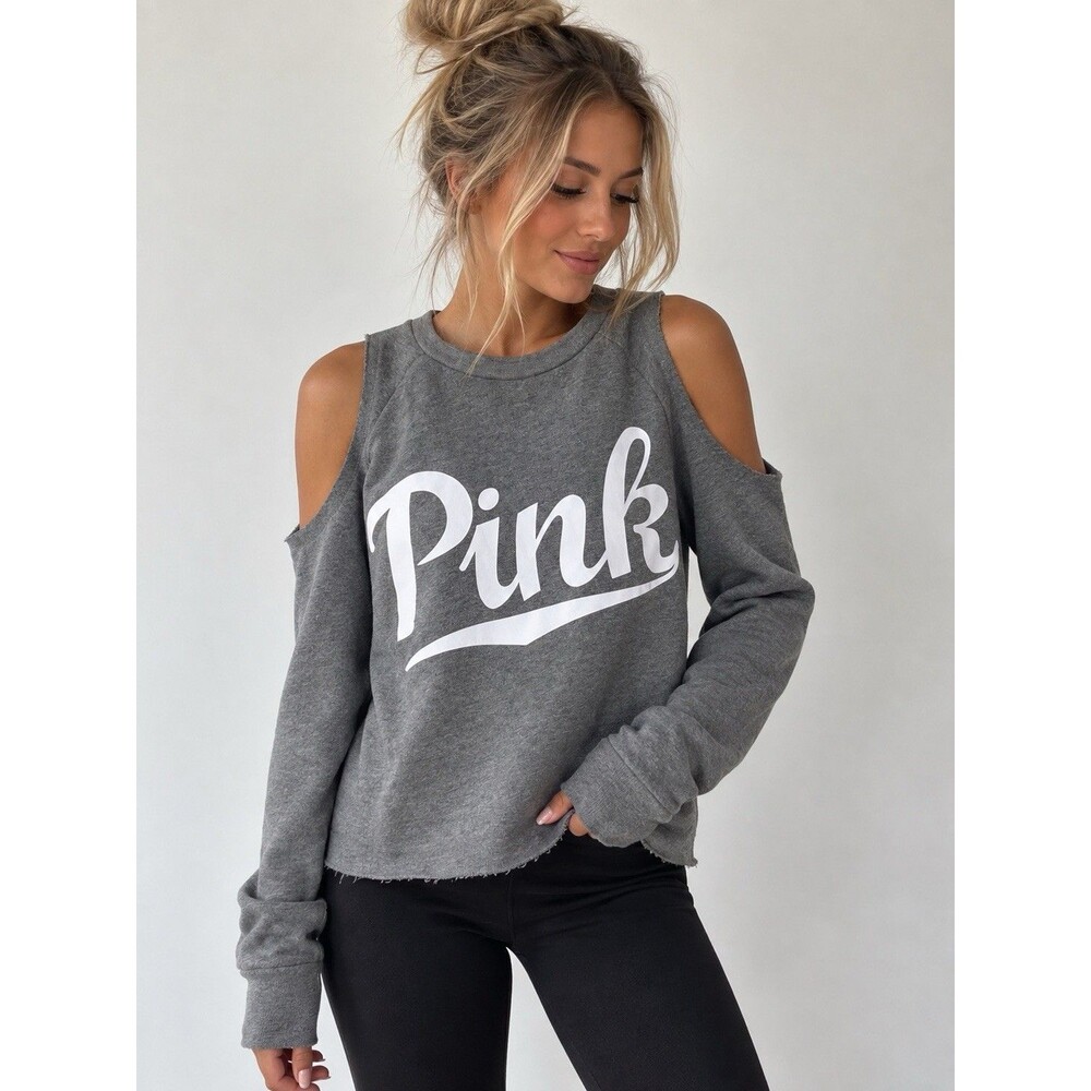 Pink Victoria's Secret Sweatshirt Womens Small Gray Cold Shoulder Crop Logo